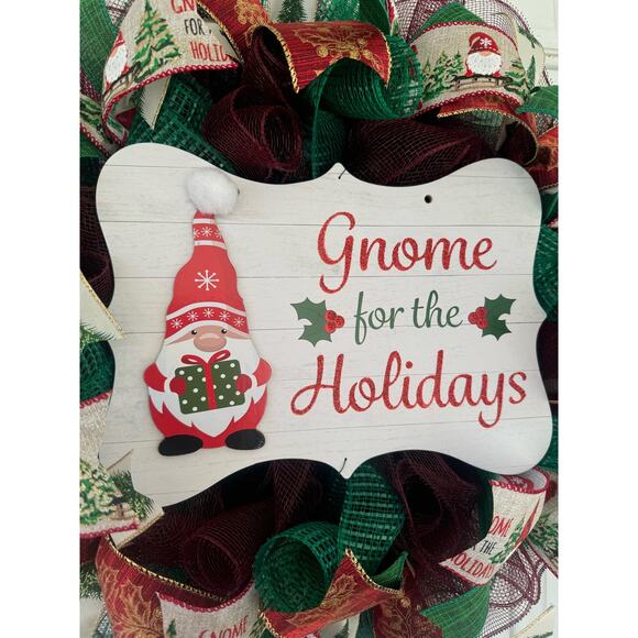 Gnome for the Holidays Christmas Wreath, Gnome Sign Green, Red, Gold Ribbons xxx - Picture 2 of 8